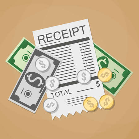 receipt, money cash with dollar banknotes and coins, vector illustration in flat design on brown backgroundの写真素材