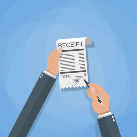 cartoon businessman hands with sign payment bill receipt, vector i