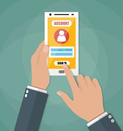 Sign in page in account managment on smartphone screen in hands. secure log in,, web site, cloud drive. vector illustration in flat design on green backgroundのイラスト素材