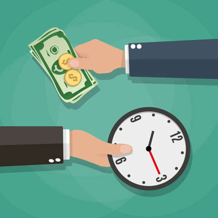 Two cartoon businessman hands with cash money and clocks. Balancing Time and Money concept. vector...