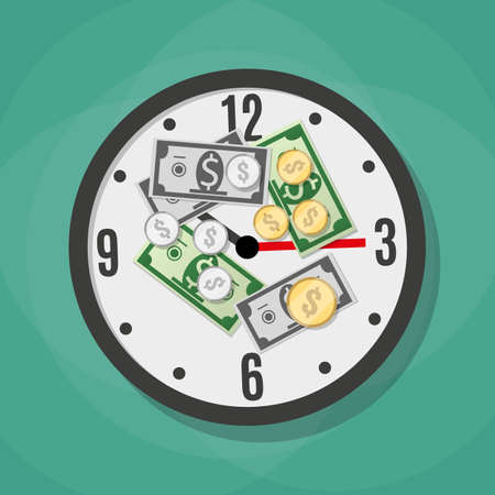 Coins and dollars laying on the white office clocks. time is money concept. vector illustration in flat design on green backgroundのイラスト素材
