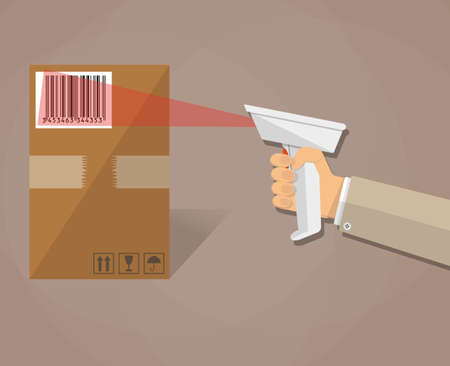 cartoon human hand is scanning a cardboard box with barcode scanner. vector illustration in flat...