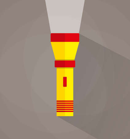 Icon of yellow flashlight with light and long shadow. vector illustration in flat design on brown backgroundのイラスト素材