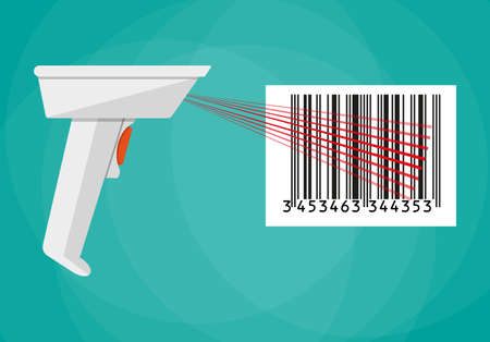 hand held barcode scanner. vector illustration in flat design on green backgroundの写真素材