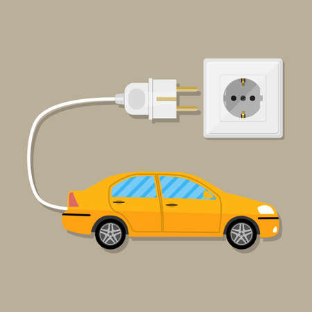 Yellow Electric Vehicle car with white plug. Charging eco car. vector illustration in flat design on brown backgroundのイラスト素材