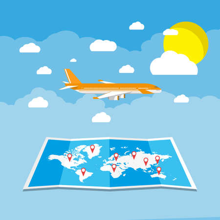 Travel concept. World map, airplane, sun in the sky with clouds on blue background. vector illustration in flat designのイラスト素材