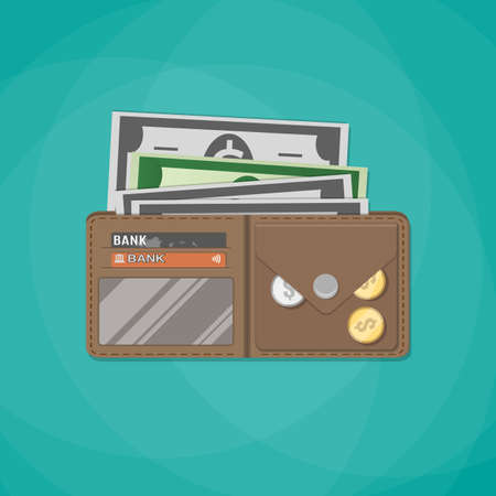 Opened brown leather wallet. With plastic cards, coins and dollar cash. vector illustration in flat design on green backgroundの写真素材