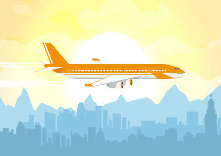 Morning city skyline. Buildings silhouette cityscape with mountains. Big city streets. Plane flying over urban city, Fog over city. Yellow sky with sun and clouds. Vector illustrationのイラスト素材