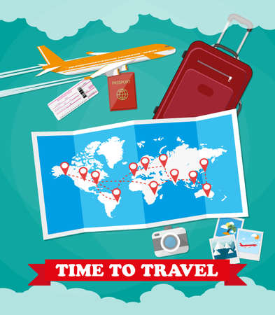 Red suitcase travel bag, passport, airplane ticket, photo camera, folded map with destinations, plane. vector illustration in flat design on green backgroundのイラスト素材
