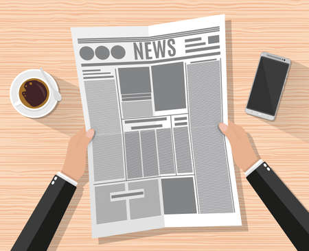 Cartoon businessman hand holding newspaper. Wooden desk with  smartphone, coffee cup with long shadows. coffee break, lunch, breakfast, vector illustration on brown background in flat designのイラスト素材