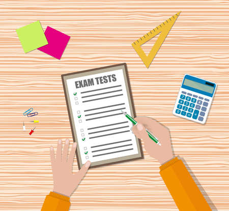 Student hand fills examination quiz paper with green pen, School exam test results. wooden school desk with pins, calculator. vector illustration in flat design.のイラスト素材