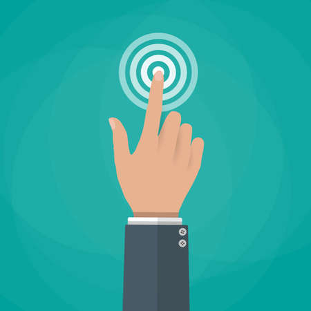 Hand touch. finger presses. Touch, push or press sign. illustration in flat design on green backgroundのイラスト素材