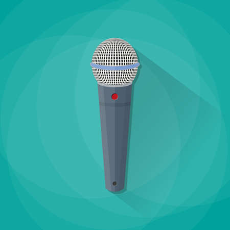Grey metallic microphone with long shadow. vector illustration in flat design on green backgroundのイラスト素材