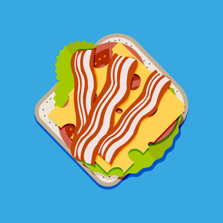 Sandwich top view. toast bread, tomato, ham, salad and cheese. vector illustration in flat style on blue backgroundの写真素材