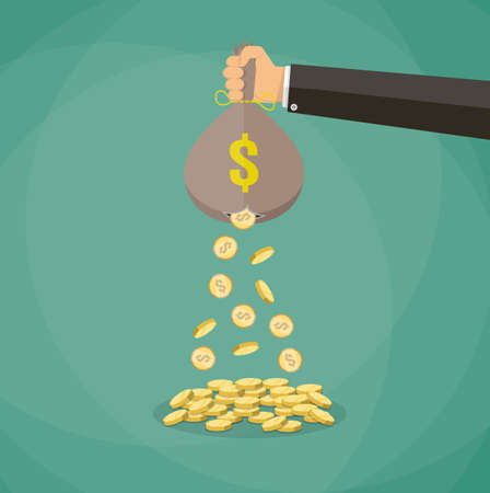 Cartoon businessman hand holding money bag and losing golden coins that poured out from a hole in the bag. vector illustration in flat style on green backgroundのイラスト素材