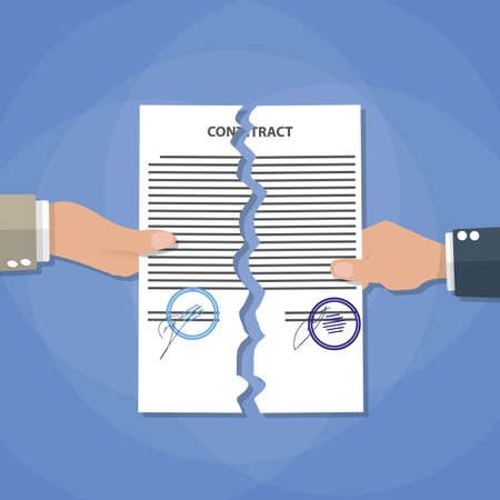 Cartoon businessman hands tearing apart contract. Contract termination concept. vector illustration...