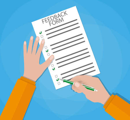 Hand holding customer survey paper and pencil. feedback concept, customer service, quality control....