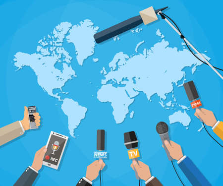 Few hands of journalists with microphones, tape recorder and smartphone. journalism, live report, hot news, television and radio casts concept.のイラスト素材