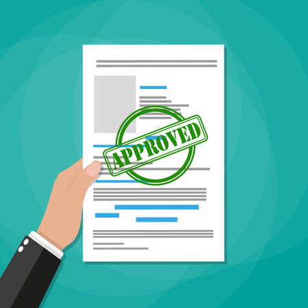 Hand holds approved paper document, green approved stamp.のイラスト素材