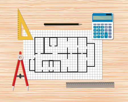 Architectural project. Construction. Building and planning. Engineer wooden desktop with Building...