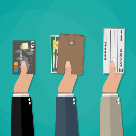 Hands holds wallet with cash, credit debit card and bank check. payment options