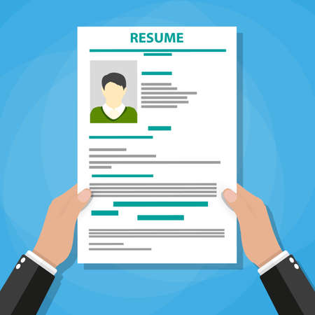 Hand holding resume. Human resources management concept, searching professional staff, analyzing resume papers, work. vector illustration in flat designのイラスト素材