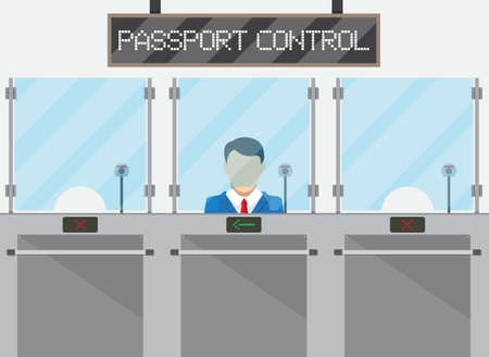 Border control concept, immigration officer, camera, passport control sign. vecctor illustration in flat styleのイラスト素材