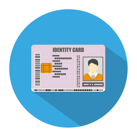 Id card icon in blue circle with long shadow. identity card, national id card, id card with electronic chip. vector illustration in flat design on white backgroundのイラスト素材