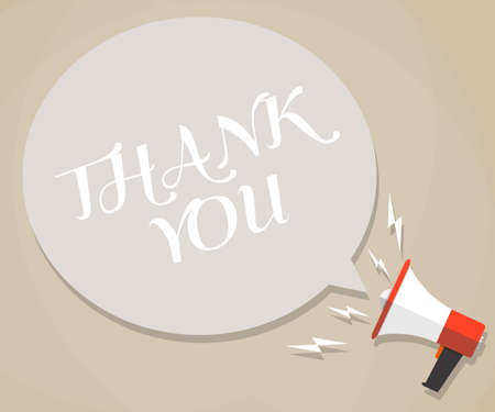 Cartoon megaphone with white bubble and words thank you. social media marketing concept. vector illustration in flat design on brown backgroundのイラスト素材