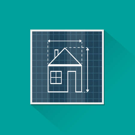 Paper house plan with dimension lines. blueprint drawing in shape of house sign. Architecture, building, real estate, construction, housing. vector illustration in flat style on green backgroundのイラスト素材