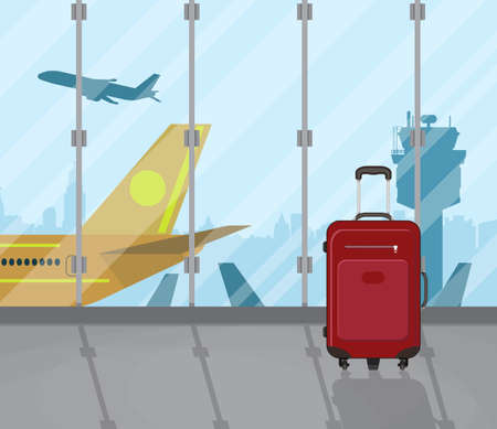 Travel suitcases inside of airport with a plane, control tower, cityscape in background. Travel, vacation, Business trip concept. Vector illustration in flat design.のイラスト素材