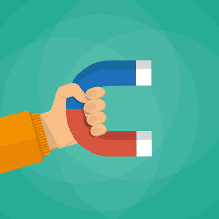 human hand with magnet. vector illustration in flat style on green backgroundのイラスト素材