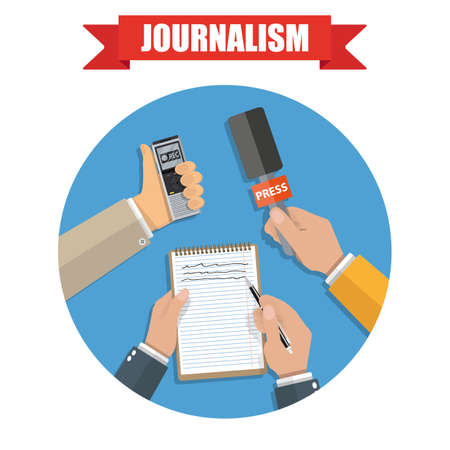 hands holding voice recorder, microphone and spiral notebook with pen in circle. Mass media and press conference concept. journalism icon. vector illustration in flat style on green backgroundのイラスト素材