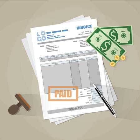 paper invoice form, paid stamp, pen, cash money and coins. tax. receipt. bill. vector illustration...