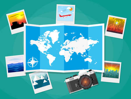 Folded paper map of world, photo camera and photos from jouneys. travel and vacation concept. vector...