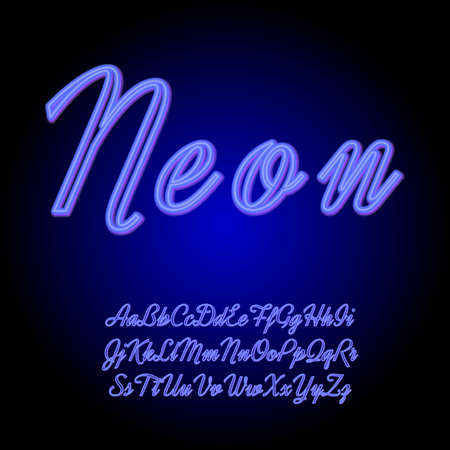 Neon tube hand drawn alphabet font. Script type letters on a dark blue background. Vector illustrationのイラスト素材