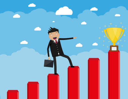 Cartoon happy businessman with breafcase standing on a graph soaring through the clouds and pointing his finger at golden trophy cup, Business Growth Concept. vector illustration in flat design.のイラスト素材