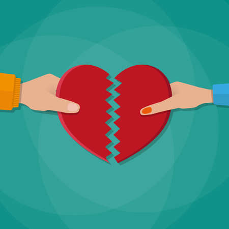 Hand of a man and woman tearing apart heart symbol. vector illustration in flat style on green backgroundのイラスト素材