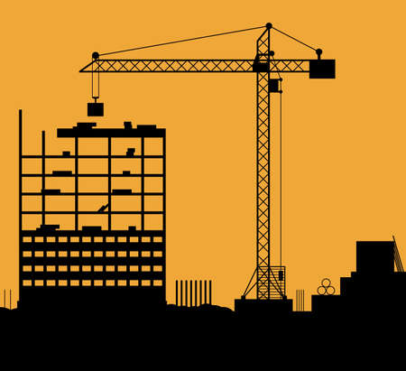 Construction site with buildings and cranes. skyscraper under construction. vector illustration on orange backgroundの写真素材