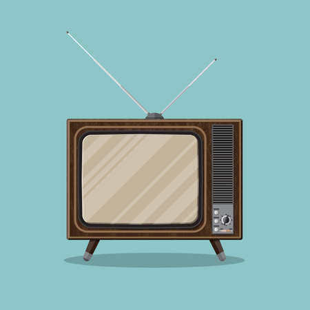 Vintage retro TV with antenna and empty screen in wooden case. vector illustration in flat style isolated on green backgroundのイラスト素材