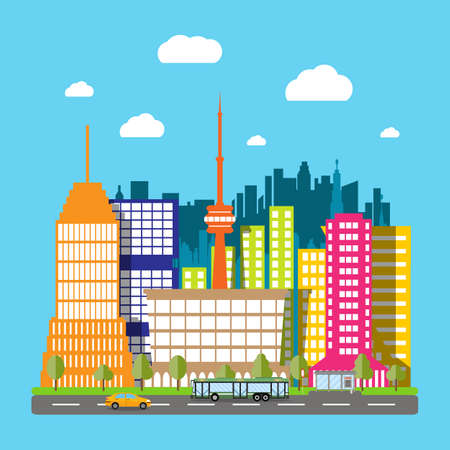 Modern City View. Cityscape with office and residental buildings, television tower, trees, road with bus and car, blue background with clouds. vector illustration in flat styleのイラスト素材