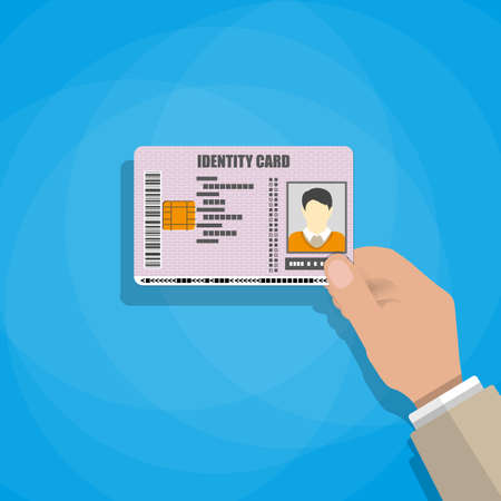hand holding the id card. vector illustration in flat style on blue backgroundのイラスト素材
