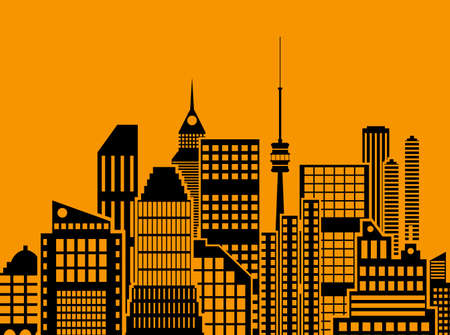 Modern City View. Cityscape with office and residental buildings, television tower, orange and black color. vector illustration in flat styleのイラスト素材