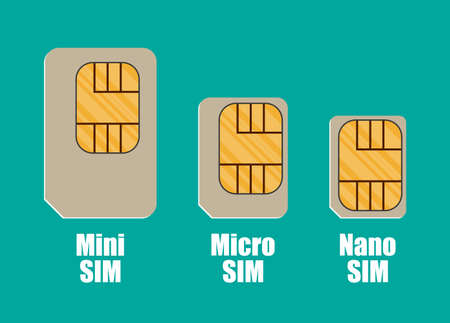 Modern sim card sizes, mini, micro, nano. Vector illustration in flat style on green backgroundのイラスト素材