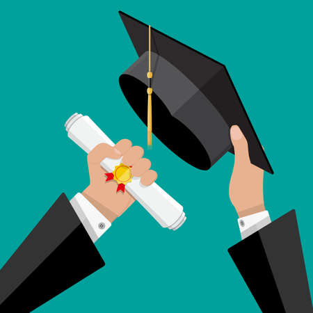 Concept of education. Graduation hat and diploma with stamp and ribbon in hands of student. vector illustration in flat style on green backgroundのイラスト素材