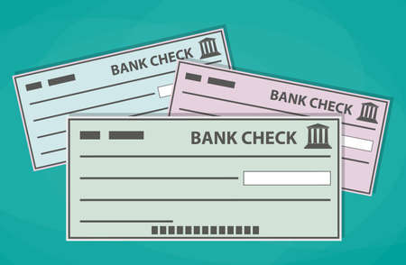 Empty blank bank checks isolated on green background. vector illustration in flat styleの写真素材