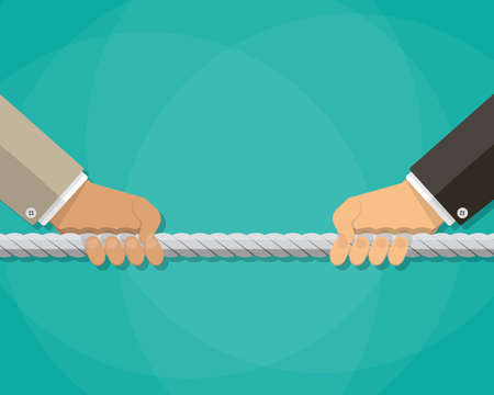 Businessman hands pulling rope, tug of war, business competition concept. vector illustration in flat style on green backgroundのイラスト素材