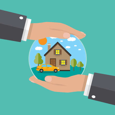 hands of agent, protect house and car. concept of insurance and protection, security. Vector illustration.のイラスト素材