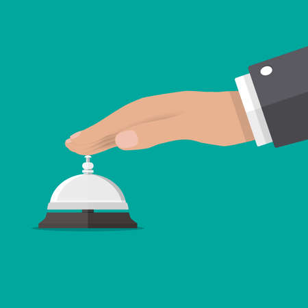 Businessman hand ringing in service bell, vector illustration in flat style on green backgroundのイラスト素材