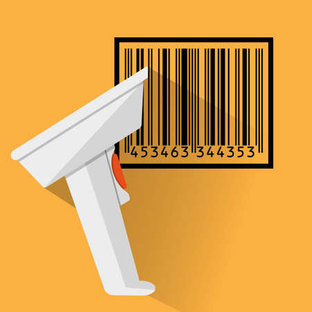 hand held barcode scanner with long shadow and black bar code. vector illustration in flat design on orange backgroundのイラスト素材